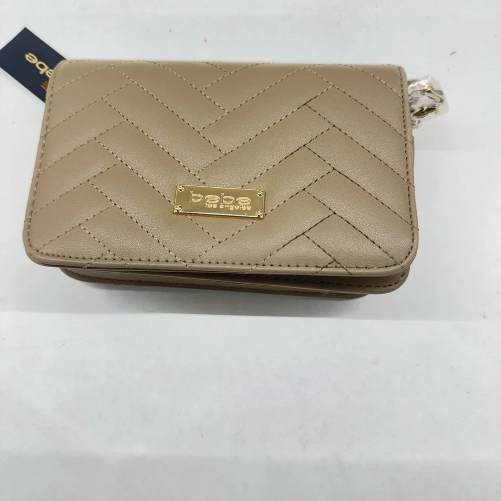 BeBe Los Angeles Sophia Crossbody Small Taupe Quilted Bag Purse Chain Strap NEW - Picture 1 of 9
